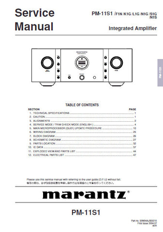 MARANTZ PM-11S1 INTEGRATED AMPLIFIER SERVICE MANUAL INC BLK DIAG PCBS SCHEM DIAGS AND PARTS LIST 70 PAGES ENG
