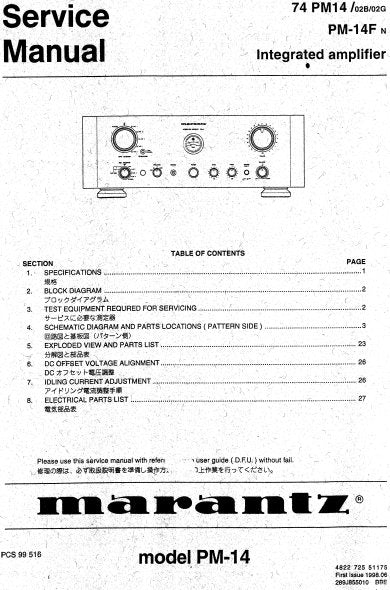 MARANTZ PM-14 PM-14F 74 PM-14 INTEGRATED AMPLIFIER SERVICE MANUAL INC BLK DIAG PCBS SCHEM DIAGS AND PARTS LIST 19 PAGES ENG