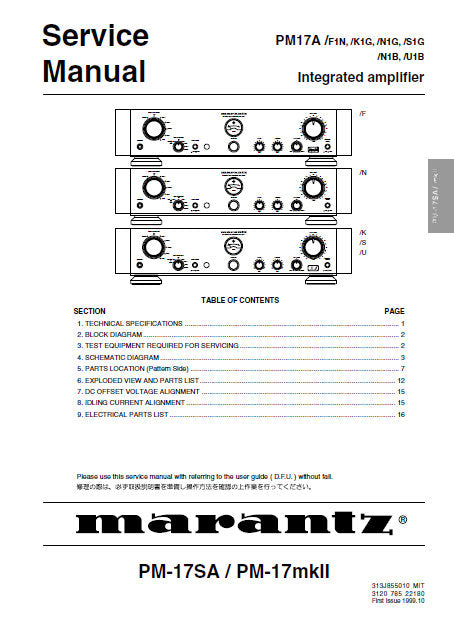 MARANTZ PM-17A PM-17SA PM-17mkII INTEGRATED AMPLIFIER SERVICE MANUAL INC BLK DIAG PCBS SCHEM DIAGS AND PARTS LIST 16 PAGES ENG