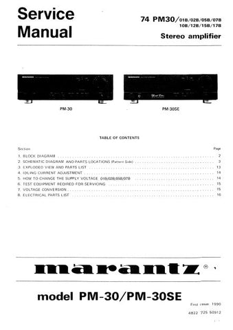 MARANTZ PM-30 PM-30SE 74 PM-30 STEREO AMPLIFIER SERVICE MANUAL INC BLK DIAG PCBS SCHEM DIAGS AND PARTS LIST 13 PAGES ENG