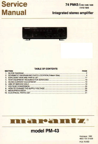 MARANTZ PM-43 74 PM-43 INTEGRATED STEREO AMPLIFIER SERVICE MANUAL INC BLK DIAG PCBS SCHEM DIAGS AND PARTS LIST 15 PAGES ENG