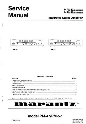 MARANTZ PM-47 PM-57 74PM-47 74PM-57 INTEGRATED STEREO AMPLIFIER SERVICE MANUAL INC BLK DIAG PCBS SCHEM DIAGS AND PARTS LIST 16 PAGES ENG