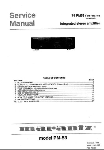 MARANTZ PM-53 INTEGRATED STEREO AMPLIFIER SERVICE MANUAL INC BLK DIAG PCBS SCHEM DIAGS AND PARTS LIST 19 PAGES ENG