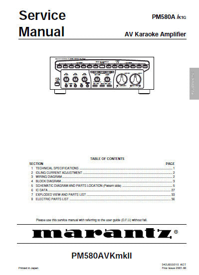 MARANTZ PM-580AVKmkII AV KARAOKE AMPLIFIER SERVICE MANUAL INC BLK DIAG PCBS SCHEM DIAGS AND PARTS LIST 30 PAGES ENG