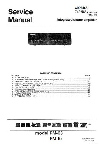 MARANTZ PM-63 PM-65 74PM-63 80PM-65 INTEGRATED STEREO AMPLIFIER SERVICE MANUAL INC BLK DIAG PCBS SCHEM DIAGS AND PARTS LIST 18 PAGES ENG