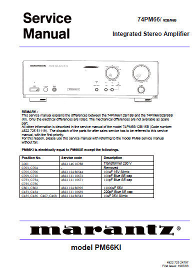 MARANTZ PM-66KI 74PM-66 INTEGRATED STEREO AMPLIFIER SERVICE MANUAL INC BLK DIAG PCBS SCHEM DIAG AND PARTS LIST 12 PAGES ENG