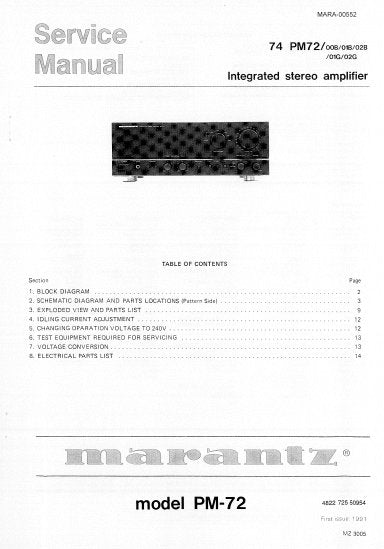 MARANTZ PM-72 74 PM-72 INTEGRATED STEREO AMPLIFIER SERVICE MANUAL INC BLK DIAG PCBS SCHEM DIAG AND PARTS LIST 14 PAGES ENG