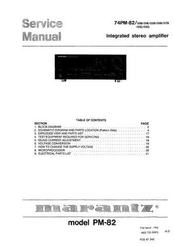 MARANTZ PM-82 74PM-82 INTEGRATED STEREO AMPLIFIER SERVICE MANUAL INC BLK DIAGS PCBS SCHEM DIAGS AND PARTS LIST 18 PAGES ENG