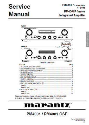 MARANTZ PM4001 PM4001 OSE INTEGRATED AMPLIFIER SERVICE MANUAL INC BLK DIAG PCBS SCHEM DIAGS AND PARTS LIST 48 PAGES ENG