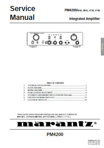 MARANTZ PM4200 INTEGRATED AMPLIFIER SERVICE MANUAL INC BLK DIAG PCBS SCHEM DIAGS AND PARTS LIST 17 PAGES ENG