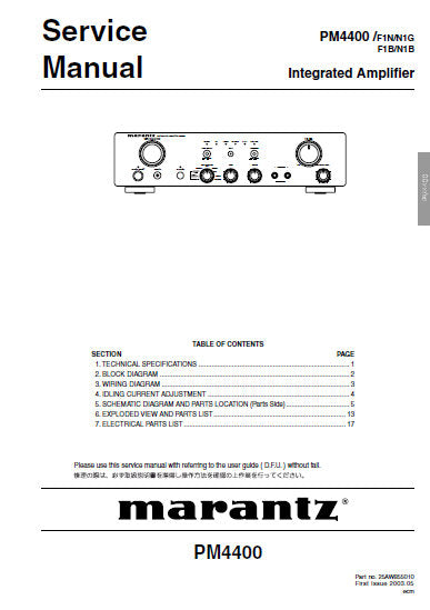 MARANTZ PM4400 INTEGRATED AMPLIFIER SERVICE MANUAL INC BLK DIAG PCBS SCHEM DIAGS AND PARTS LIST 22 PAGES ENG
