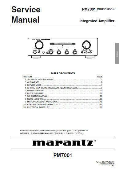 MARANTZ PM7001 INTEGRATED AMPLIFIER SERVICE MANUAL INC BLK DIAG PCBS SCHEM DIAGS AND PARTS LIST 46 PAGES ENG