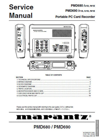 MARANTZ PMD680 PMD690 PORTABLE PC CARD RECORDER SERVICE MANUAL INC BLK DIAG PCBS SCHEM DIAGS AND PARTS LIST 64 PAGES ENG