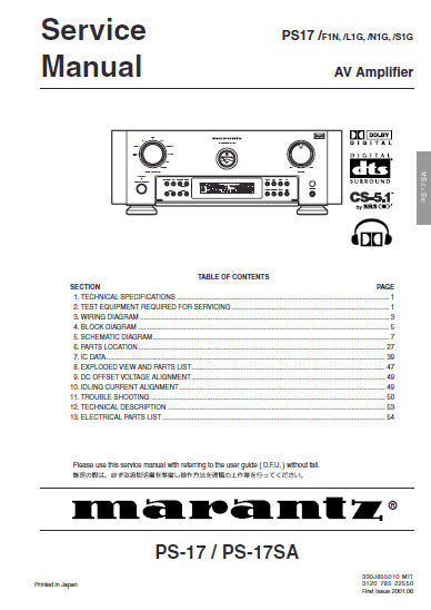 MARANTZ PS-17 PS-17SA AV AMPLIFIER SERVICE MANUAL INC BLK DIAG PCBS SCHEM DIAGS AND PARTS LIST 52 PAGES ENG