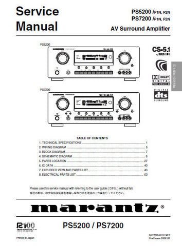 MARANTZ PS5200 PS7200 AV SURROUND AMPLIFIER SERVICE MANUAL INC BLK DIAG PCBS SCHEM DIAGS AND PARTS LIST 66 PAGES ENG