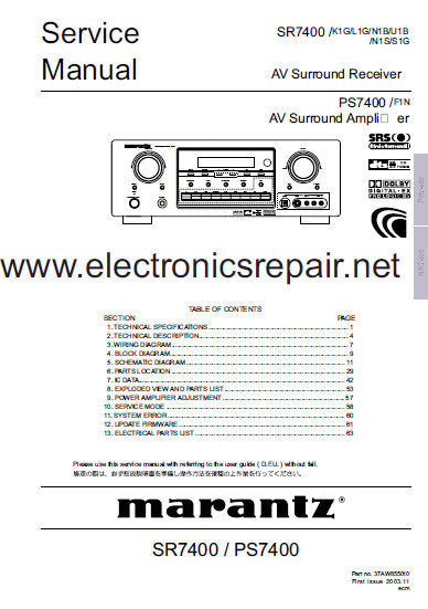 MARANTZ PS7400 AV SURROUND AMPLIFIER SR7400 AV SURROUND RECEIVER SERVICE MANUAL INC BLK DIAG PCBS SCHEM DIAGS AND PARTS LIST 96 PAGES ENG
