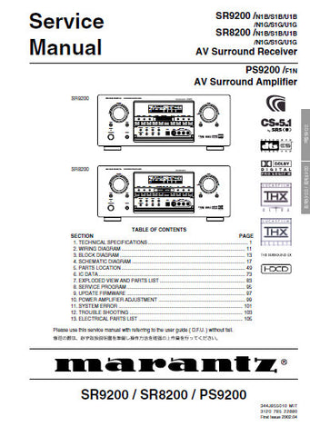 MARANTZ PS9200 AV SURROUND AMPLIFIER SR9200 SR8200 AV SURROUND RECEIVER SERVICE MANUAL INC BLK DIAG PCBS SCHEM DIAGS AND PARTS LIST 145 PAGES ENG
