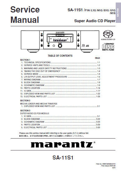 MARANTZ SA-11S1 SUPER AUDIO CD PLAYER SERVICE MANUAL INC BLK DIAG PCBS SCHEM DIAGS AND PARTS LIST 80 PAGES ENG