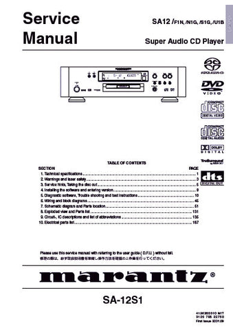 MARANTZ SA-12S1 SUPER AUDIO CD PLAYER SERVICE MANUAL INC BLK DIAG PCBS SCHEM DIAGS AND PARTS LIST 164 PAGES ENG