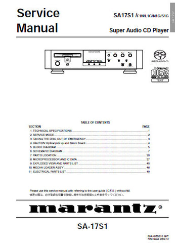 MARANTZ SA-17S1 SUPER AUDIO CD PLAYER SERVICE MANUAL INC BLK DIAG PCBS SCHEM DIAGS AND PARTS LIST 46 PAGES ENG