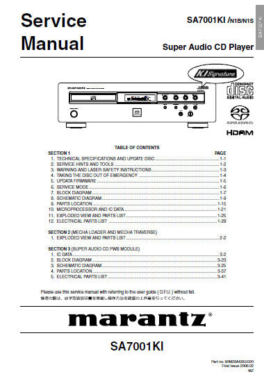 MARANTZ SA-7001 KI SUPER AUDIO CD PLAYER SERVICE MANUAL INC BLK DIAG PCBS SCHEM DIAGS AND PARTS LIST 60 PAGES ENG