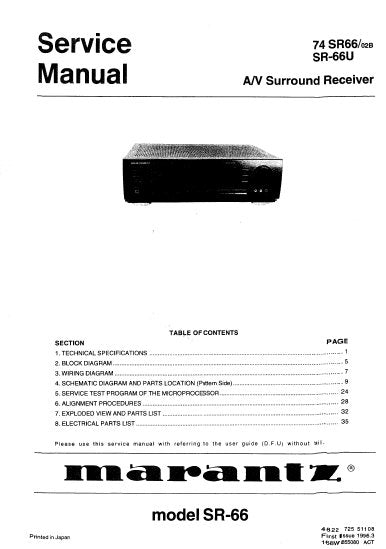 MARANTZ SR-66 SR-66U 74 SR66 AV SURROUND RECEIVER SERVICE MANUAL INC BLK DIAG PCBS SCHEM DIAGS AND PARTS LIST 28 PAGES ENG