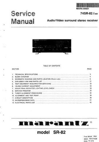 MARANTZ SR-82 74SR-82 AV SURROUND STEREO RECEIVER SERVICE MANUAL INC BLK DIAG PCBS SCHEM DIAGS AND PARTS LIST 34 PAGES ENG