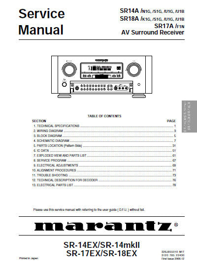 MARANTZ SR14A SR18A SR17A SR-18EX SR-17EX SE-14EX SR-14MKII AV SURROUND RECEIVER SERVICE MANUAL INC BLK DIAG PCBS SCHEM DIAGS AND PARTS LIST 69 PAGES ENG
