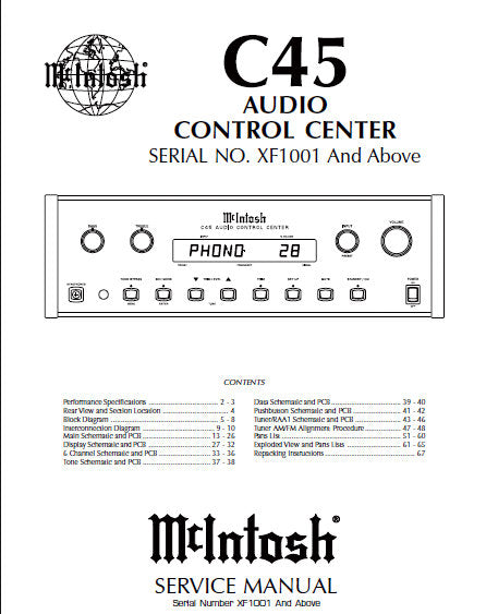 McINTOSH C45 AUDIO CONTROL CENTER SERVICE MANUAL INC BLK DIAG PCBS SCHEM DIAGS AND PARTS LIST 68 PAGES ENG