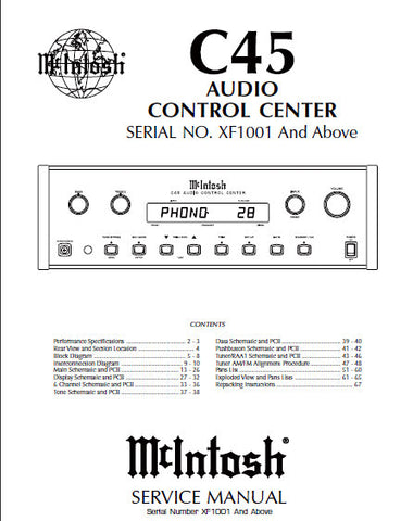 McINTOSH C45 AUDIO CONTROL CENTER SERVICE MANUAL INC BLK DIAG PCBS SCHEM DIAGS AND PARTS LIST 68 PAGES ENG