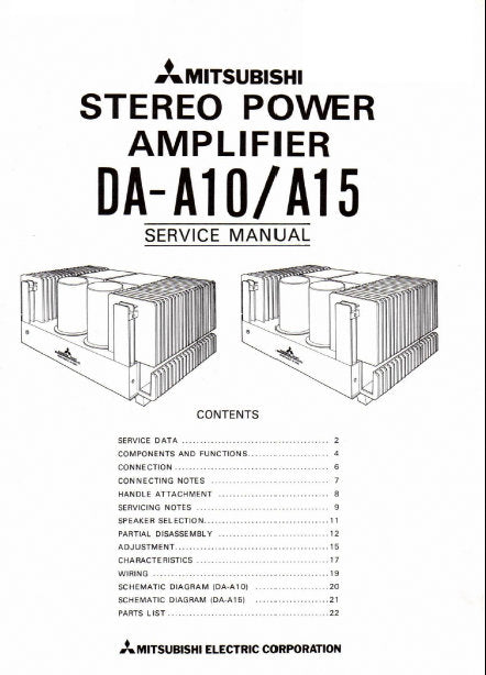 MITSUBISHI DA-A10 DA-A15 STEREO POWER AMPLIFIER SERVICE MANUAL INC CONN DIAGS WIRING DIAG SCHEM DIAGS TRSHOOT GUIDE AND PARTS LIST 24 PAGES ENG