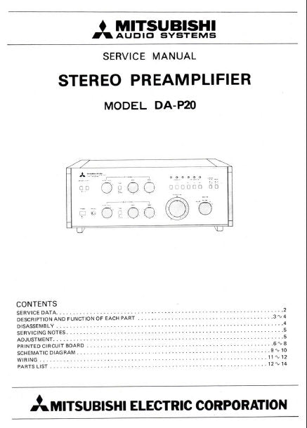 MITSUBISHI DA-P20 STEREO PREAMPLIFIER SERVICE MANUAL INC PCBS WIRING DIAG SCHEM DIAG AND PARTS LIST 13 PAGES ENG