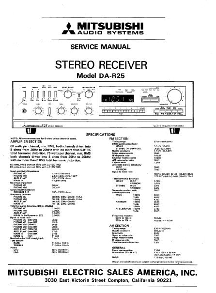 MITSUBISHI DA-R25 FM AM STEREO RECEIVER SERVICE MANUAL INC PCBS WIRING DIAG SCHEM DIAG AND PARTS LIST 20 PAGES ENG