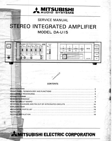 MITSUBISHI DA-U15 STEREO INTEGRATED AMPLIFIER SERVICE MANUAL INC WIRING DIAG PCBS SCHEM DIAG AND PARTS LIST 20 PAGES ENG