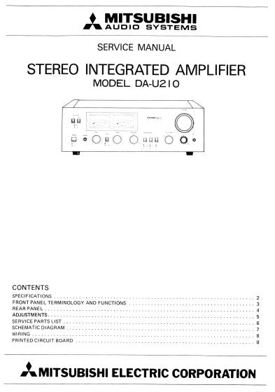 MITSUBISHI DA-U210 STEREO INTEGRATED AMPLIFIER SERVICE MANUAL INC WIRING DIAG PCBS SCHEM DIAG AND PARTS LIST 13 PAGES ENG
