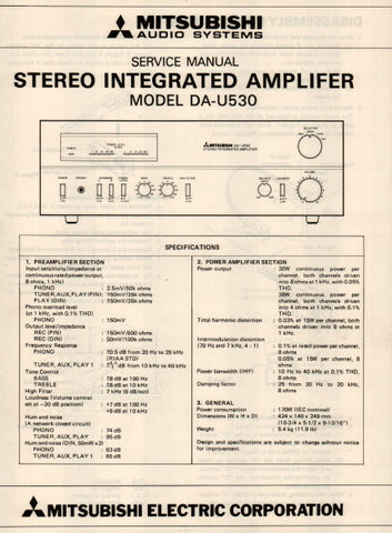 MITSUBISHI DA-U530 STEREO INTEGRATED AMPLIFIER SERVICE MANUAL INC WIRING DIAG PCBS SCHEM DIAG AND PARTS LIST 12 PAGES ENG