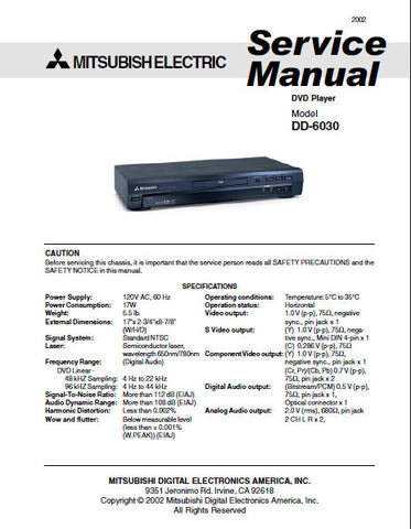 MITSUBISHI DD-6030 DVD PLAYER SERVICE MANUAL INC BLK DIAGS WIRING DIAG PCBS SCHEM DIAGS AND PARTS LIST 90 PAGES ENG