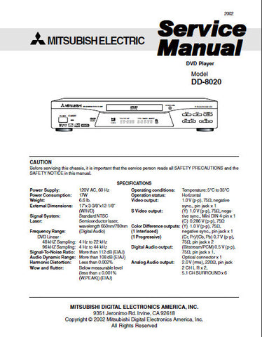 MITSUBISHI DD-8020 DVD PLAYER SERVICE MANUAL INC BLK DIAGS WIRING DIAG PCBS SCHEM DIAGS AND PARTS LIST 68 PAGES ENG
