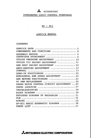 MITSUBISHI DP-EC1 INTEGRATED LOGIC CONTROL TURNTABLE SERVICE MANUAL INC BLK DIAG WIRING DIAG PCBS SCHEM DIAG TRSHOOT GUIDE AND PARTS LIST 40 PAGES ENG