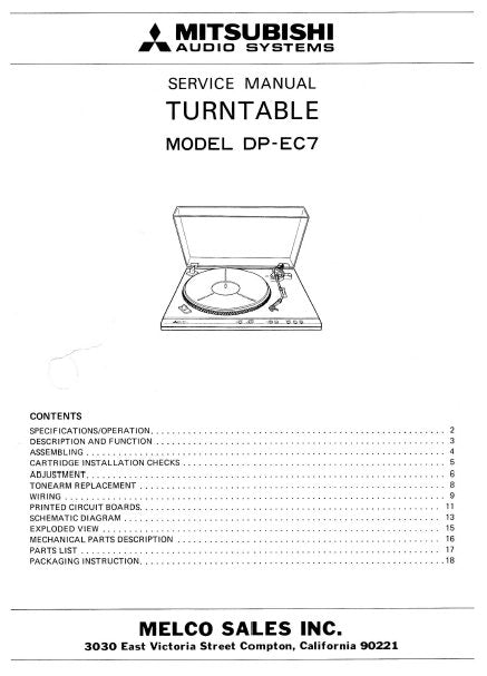 MITSUBISHI DP-EC7 TURNTABLE SERVICE MANUAL INC WIRING DIAG PCBS SCHEM DIAG AND PARTS LIST 18 PAGES ENG
