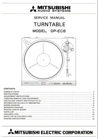 MITSUBISHI DP-EC8 TURNTABLE SERVICE MANUAL INC WIRING DIAG PCBS SCHEM DIAG AND PARTS LIST 16 PAGES ENG