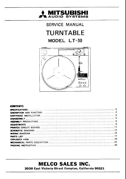 MITSUBISHI LT-30 TURNTABLE SERVICE MANUAL BOOK INC WIRING DIAG PCBS SCHEM DIAG AND PARTS LIST 23 PAGES ENG