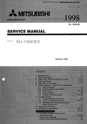 MITSUBISHI MJ-100KWX-A1 DEHUMIDIFIER SERVICE MANUAL INC COOLANT SYS DIAG WIRING DIAG PCBS SCHEM DIAGS TRSHOOT GUIDE AND PARTS LIST 36 PAGES ENG