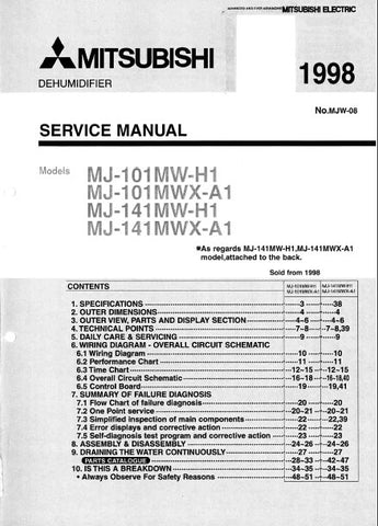 MITSUBISHI MJ-101MW-H1 MJ-101MWX-A1 MJ-141MW-H1 MJ-141MWX-A1 DEHUMIDIFIER SERVICE MANUAL INC COOLING CIRC DIAG WIRING DIAG PCBS SCHEM DIAG TRSHOOT GUIDE AND PARTS LIST 55 PAGES ENG