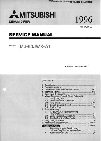 MITSUBISHI MJ-80JWX-A1 DEHUMIDIFIER SERVICE MANUAL INC COOLING SYTEM DIAG WIRING DIAG PCBS SCHEM DIAG TRSHOOT GUIDE AND PARTS LIST 36 PAGES ENG