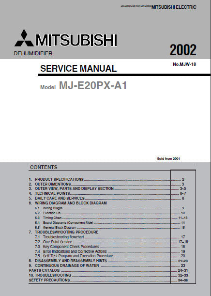 MITSUBISHI MJ-E20PX-A1 DEHUMIDIFIER SERVICE MANUAL INC COOLANT CIRC DIAG WIRING AND BLK DIAGS PCBS TRSHOOT GUIDE AND PARTS LIST 36 PAGES ENG