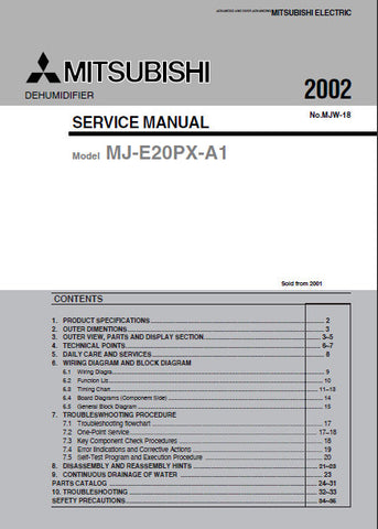 MITSUBISHI MJ-E20PX-A1 DEHUMIDIFIER SERVICE MANUAL INC COOLANT CIRC DIAG WIRING AND BLK DIAGS PCBS TRSHOOT GUIDE AND PARTS LIST 36 PAGES ENG