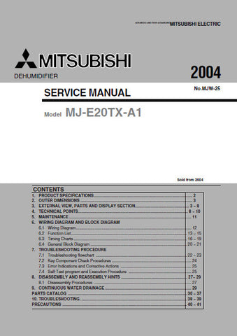 MITSUBISHI MJ-E20TX-A1 DEHUMIDIFIER SERVICE MANUAL INC COOLANT CIRC DIAG WIRING AND BLK DIAGS PCBS TRSHOOT GUIDE AND PARTS LIST 42 PAGES ENG