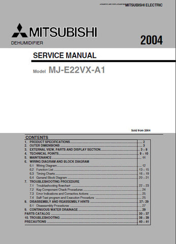 MITSUBISHI MJ-E22VX-A1 DEHUMIDIFIER SERVICE MANUAL INC COOLANT CIRC DIAG WIRING AND BLK DIAGS PCBS TRSHOOT GUIDE AND PARTS LIST 52 PAGES ENG