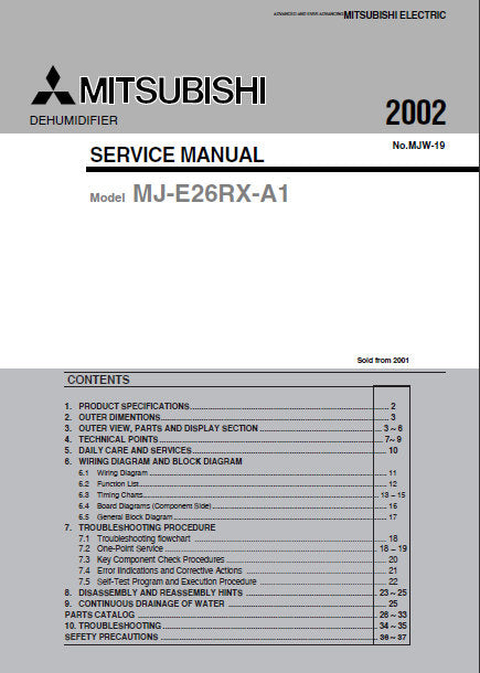 MITSUBISHI MJ-E26RX-A1 DEHUMIDIFIER SERVICE MANUAL INC COOLANT CIRC DIAG WIRING AND BLK DIAGS PCBS TRSHOOT GUIDE AND PARTS LIST 39 PAGES ENG